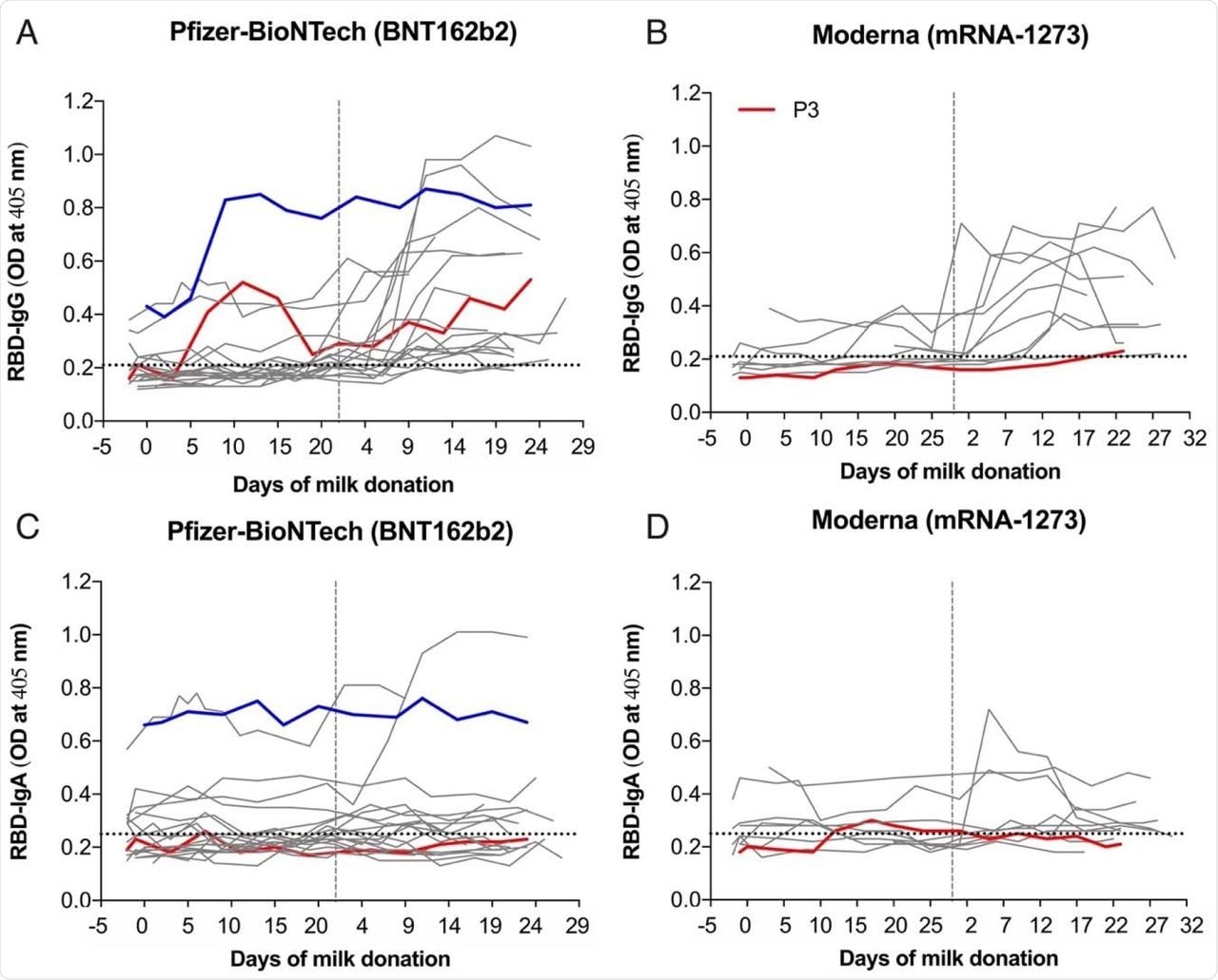 Antibody levels in serial milk samples following COVID-19 mRNA vaccination. Milk samples were obtained prior to the first dose (timepoint 0), across 19-23 days after the first dose and across 19-23 days after the second dose (vertical dashed line) from 30 women vaccinated against SARS-CoV-2. Whey fractions were assessed with ELISA for RBD-specific IgG (A and B) and IgA (C and D). Colored lines indicate serial milk samples obtained from 3 women who had a previous positive diagnosis for COVID-19. Horizontal dotted lines indicate the positive cut-off values.