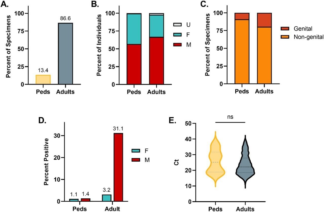 Demographic and Clinical Data for Mpox Specimens from Pediatric and Adult Individuals. (A) Percent of total specimen volume. (B) Percent of female, male, and unknown sex. (C) Percent of specimens obtained from genital or non-genital sources. (D) Positivity rate of pediatric and adult specimens stratified by sex. (E) Comparison of Ct values between pediatric and adult specimens positive for mpox