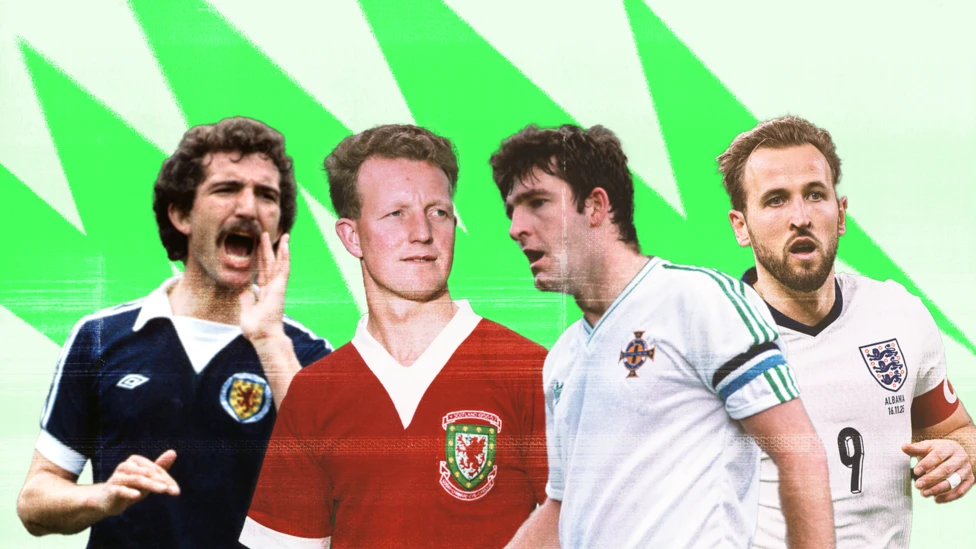 A stylised image of four football players, Graeme Souness in a dark blue Scotland shirt, Ivo Allchurch in a red Wales shirt, Norman Whiteside in a white Northern Ireland shirt and Harry Kane in a white England shirt.