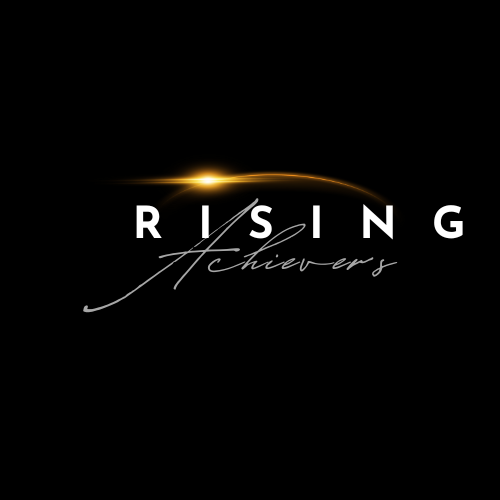 Title 'Rising Achievers' with a sunrise and horizon, black background, elegant font, and glowing effect.