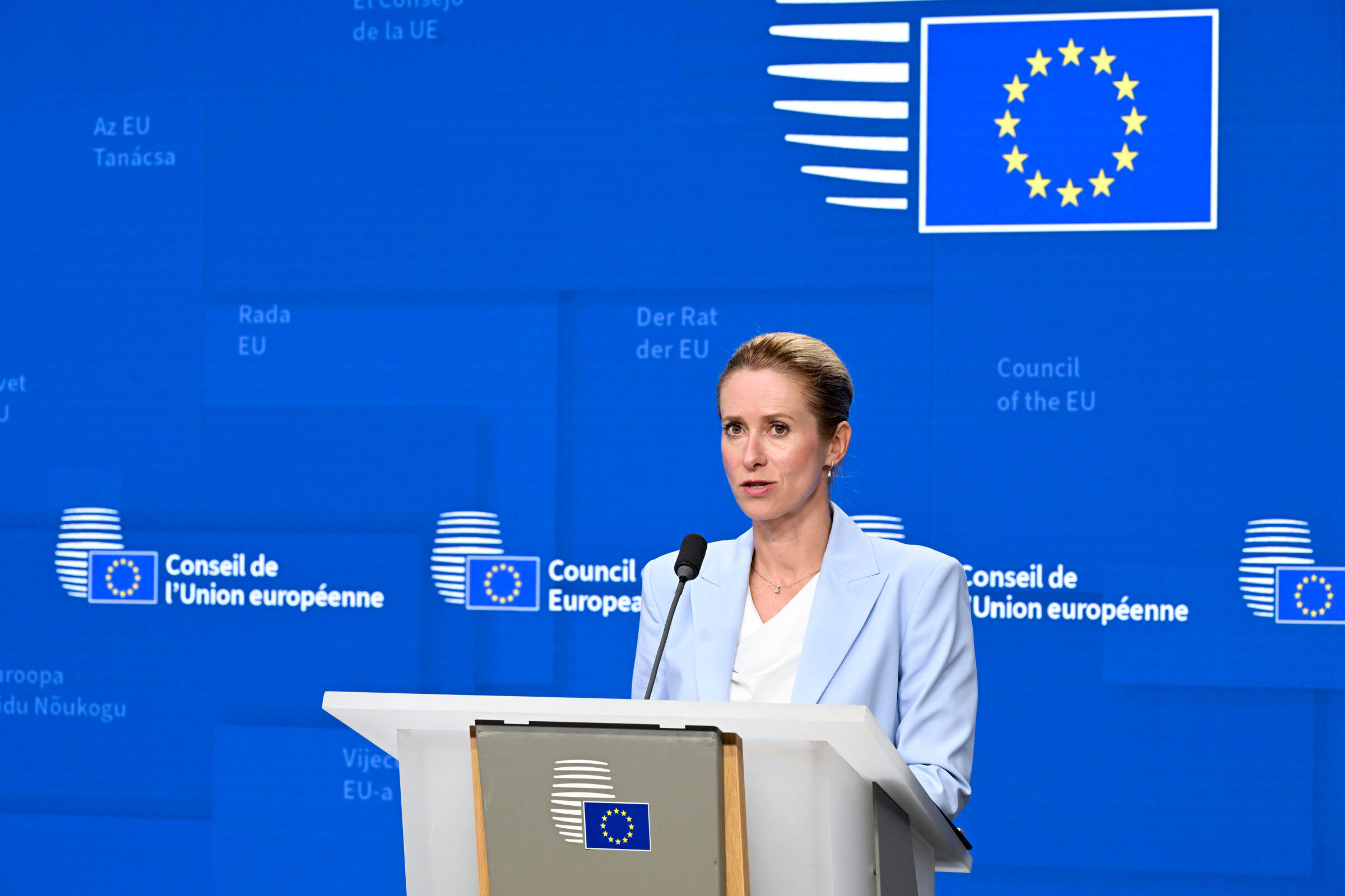EU foreign affairs chief Kaja Kallas speaks to press in Brussels on 13 July