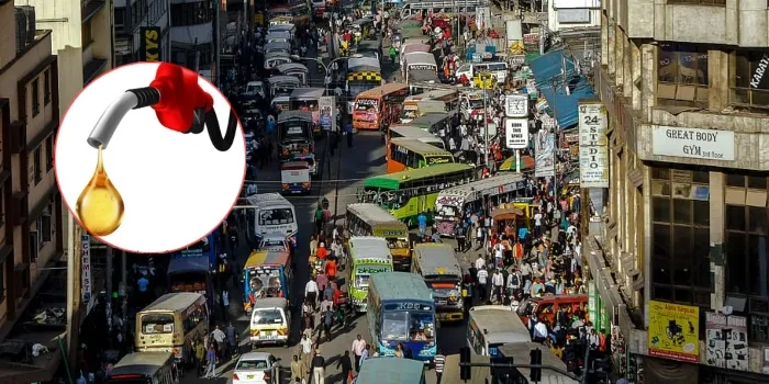 An image of Matatus in the busy streets of Nairobi, with a fuel pump with fuel drop on the side.